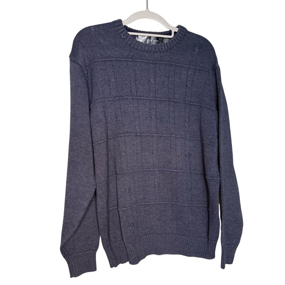 Oscar de la Renta Blue Textured Cable Knit Crew Sweater